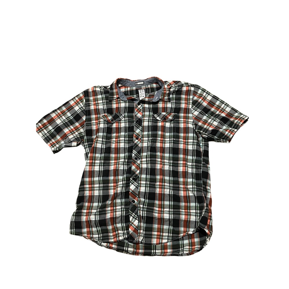 Billabong Mens Large Plaid Button Down Shirt Short Sleeve Cotton Black Orange